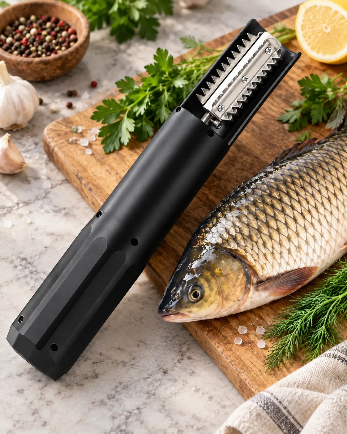 Écailleur électrique posé sur table de cuisine avec poisson et herbes fraîches
