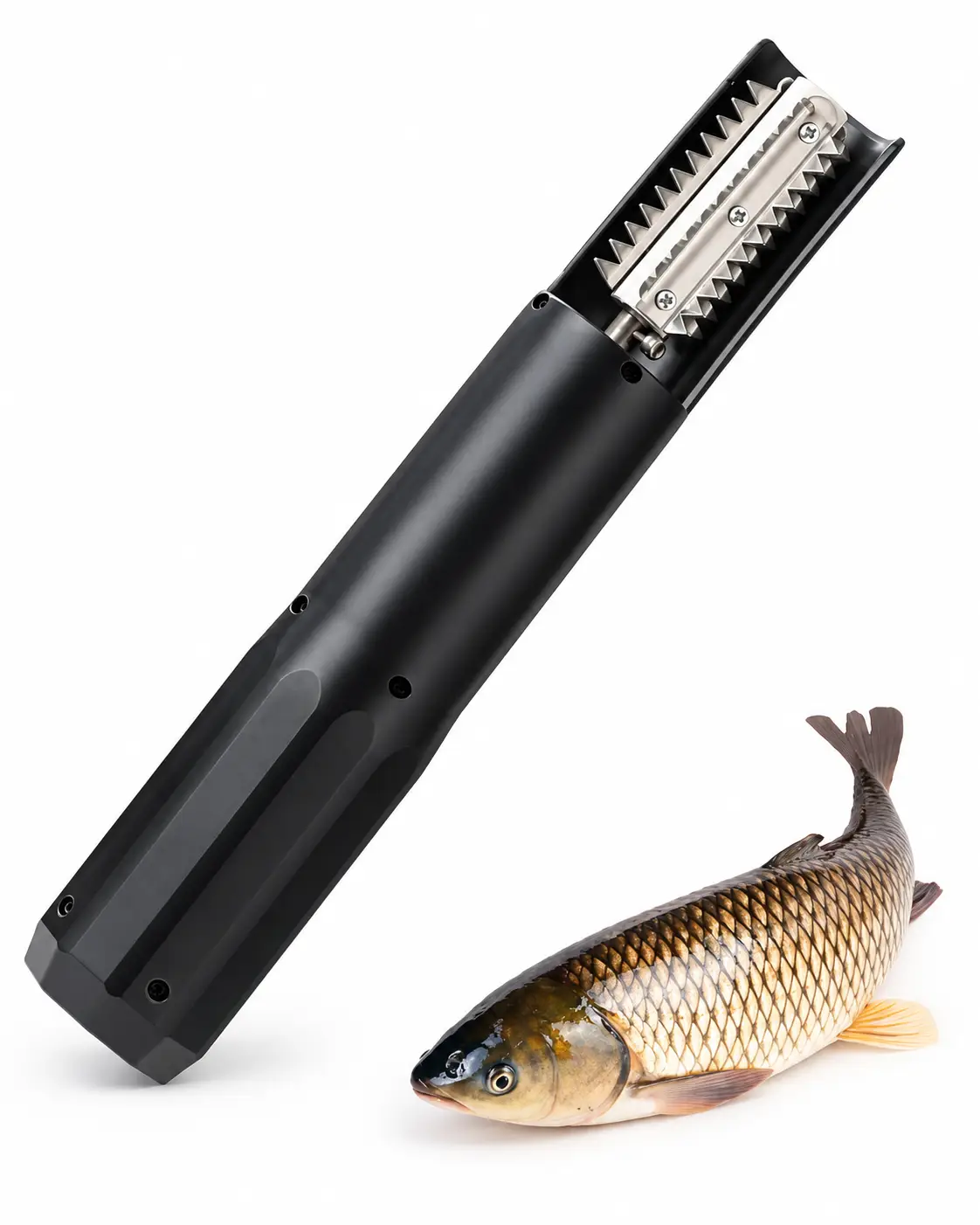 Écailleur électrique de poisson présenté seul, vue nette de son corps et de sa tête rotative
