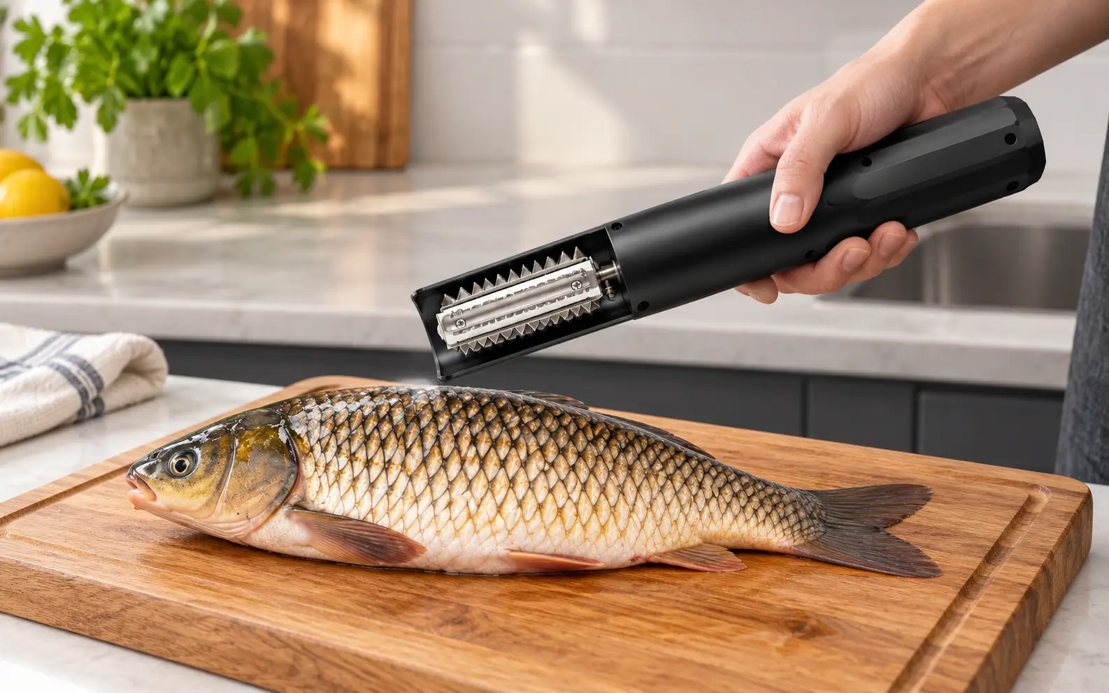 Main tenant un écailleur électrique près d’un poisson sur planche stable