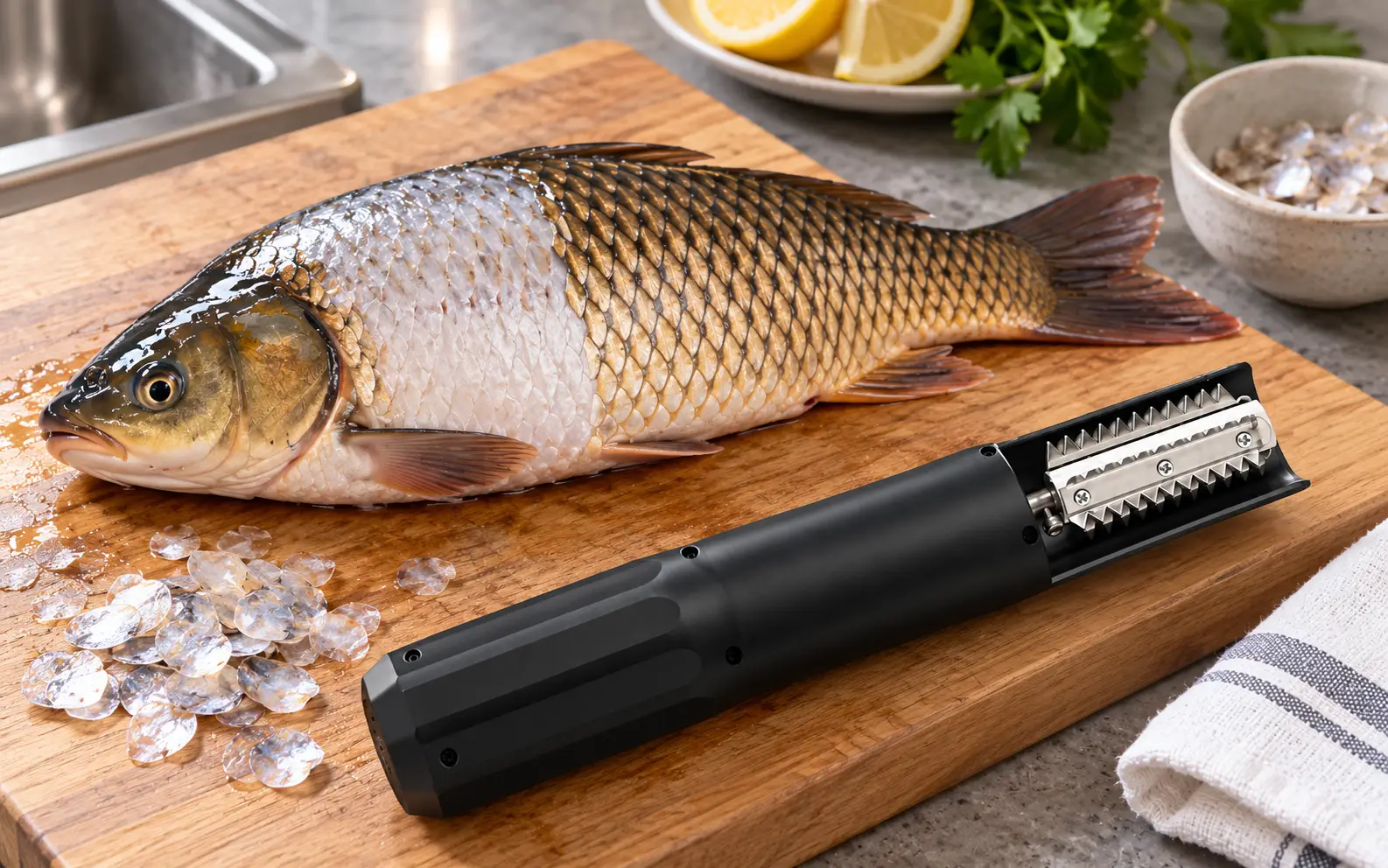 Poisson partiellement écaillé et outils de préparation propres